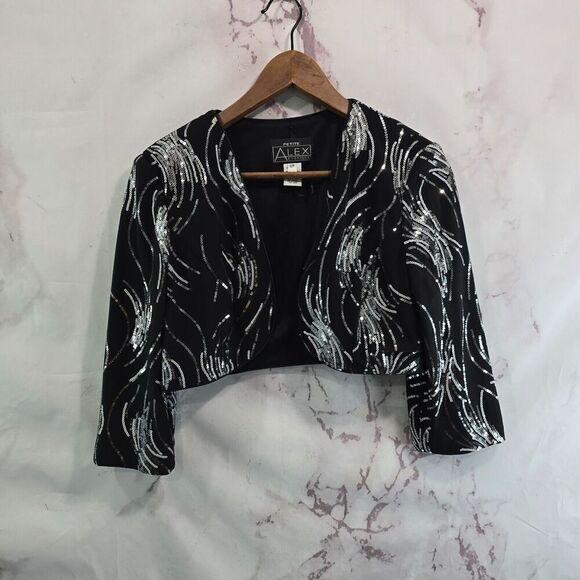 Alex Evenings Jacket Womens 12 P Large Black Open Lightweight Sequin Metallic - Picture 1 of 11